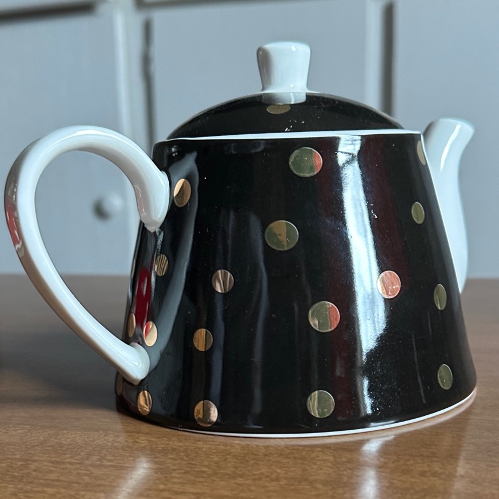 Black and White Teapot with Gold Polka Dots